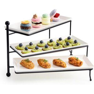 3Tiered Serving Stand,Foldable Rectangular Food DisplayStand with WhitePorcelain